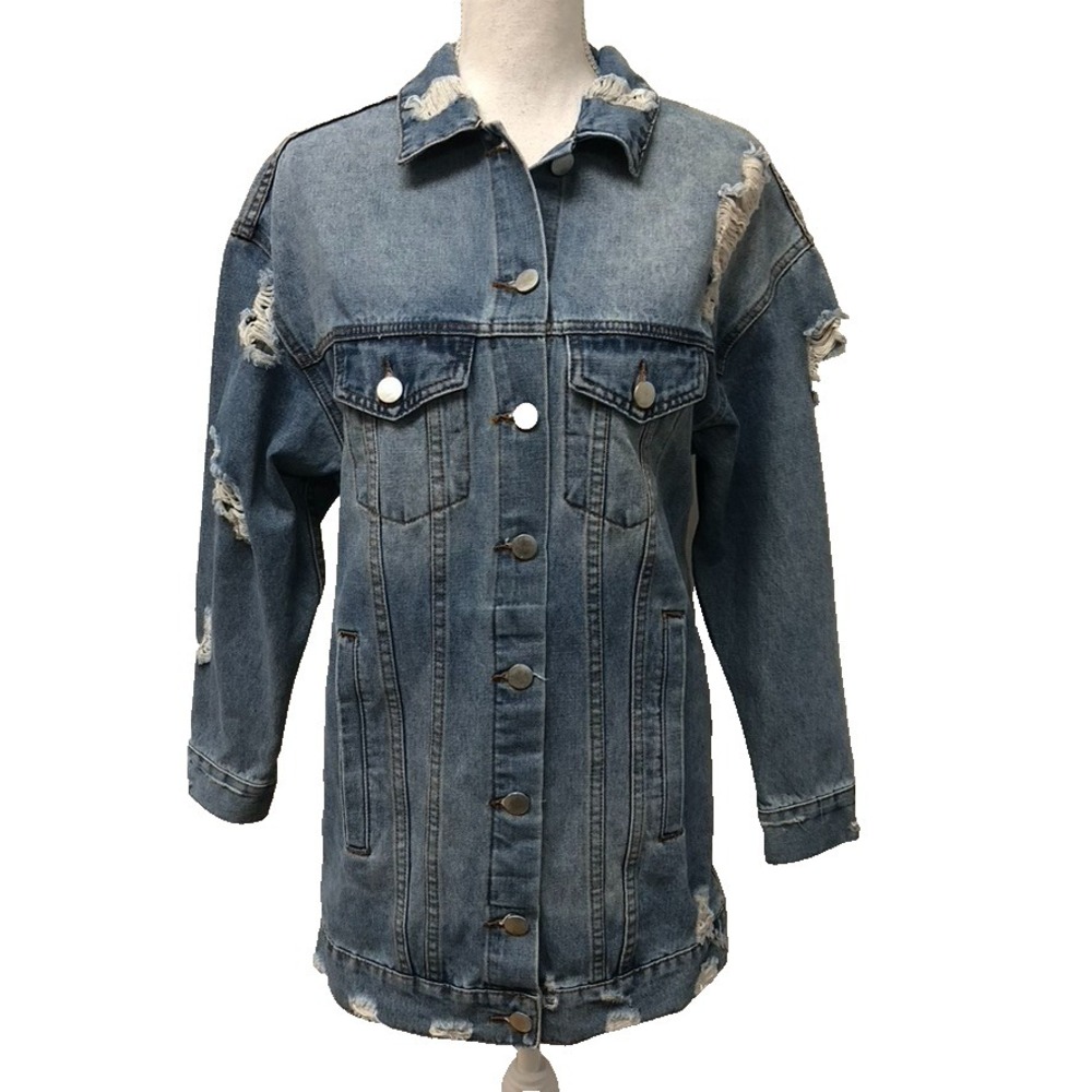 Tobi Distressed Jean Jacket Womens Small Blue Denim Mid Length Button Rocker
